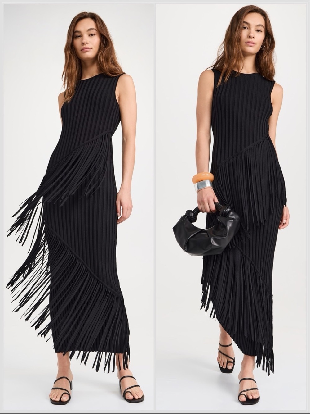 Simon Miller Spiral Ribbed Fringe Maxi Dress Black Large NWT Knit Asymmetrical